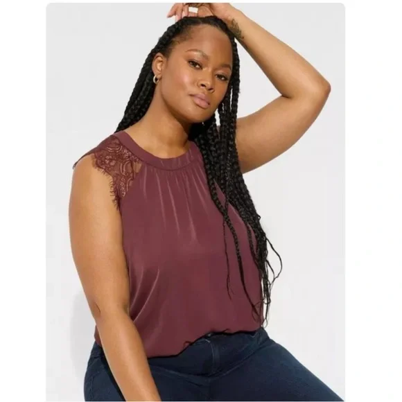 Torrid 2X Burgundy Sleeveless Lace Trim Blouse Top - Picture 2 of 11